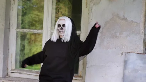 Dead bride is dancing in the old house. Halloween costume party. Stock Footage 201200747