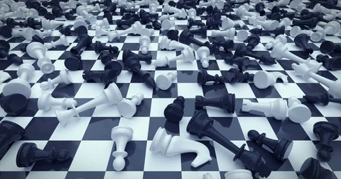 Dead chess pieces looping 3D animation, camera moving left Stock Footage 103310392