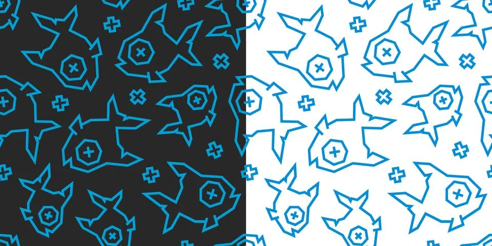 Dead fish low poly seamless pattern. Black and white background, 2 versions. Stock Illustration