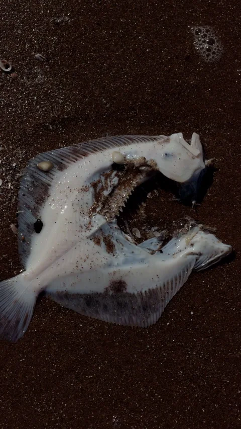 Dead fish washed onto wet sandy beach with sea foam and small shells after tide 動画素材 345455371