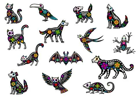 Dead Halloween skeleton, day of the dead animals Stock Illustration