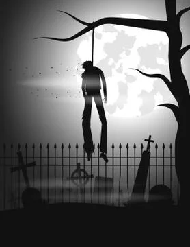 Dead man hanged from a tree in the old cemetery Illustrazione stock