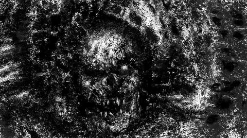 Dead man skull in rusty metal. Dark face of corpse the screaming. Black and w Stock Illustration