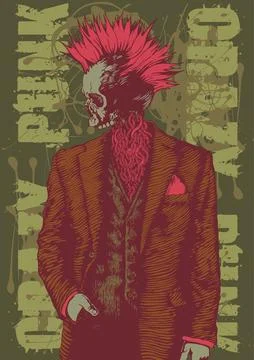 Dead Punk Mohawk Skull Suit Tee Design Stock Illustration