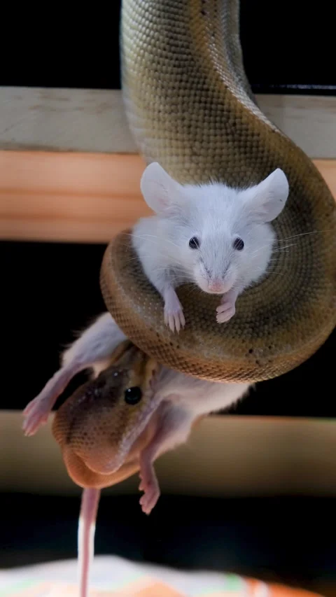 Dead rat staring at the camera and being bitten by a ball python. Stockbeeldmateriaal 334761839