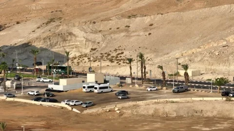 Dead sea hotels zone at Ein Bokek, Israel, aerial drone view 4k 스톡 동영상 245877861