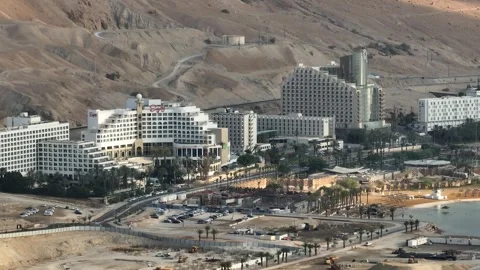 Dead sea hotels zone at Ein Bokek, Israel, aerial drone view 4k Stock-Footage 245880560
