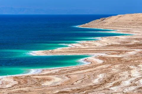 Dead Sea, Jodran - salty coastline landscape Stock Photos
