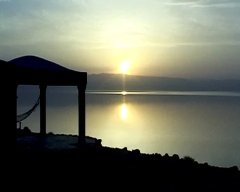 Dead Sea, Jordan. Magic sunset at Dead Sea in Jordan. Sea view through coastline Stock Footage 126008689