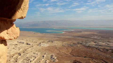 Dead Sea looking through stone window Stock Footage 10608316