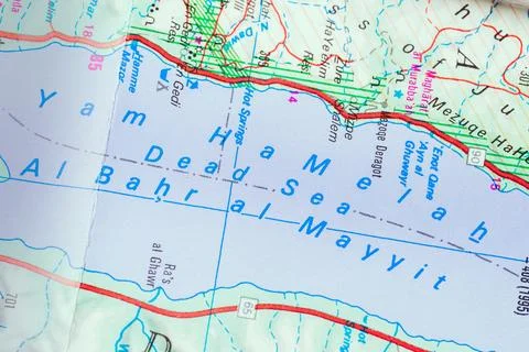 Dead Sea Map Closeup, Dead Sea Yam Hamelach Israel Jordan Stock Photos