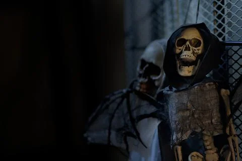 Dead skull of a ghost skeleton with black cloth hanging and looking straight Stock Photos