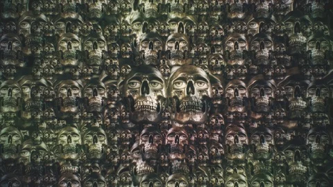 Dead Spirits Lurking In Shadow, Big Eyes Skulls Wall Stock Footage 123414925