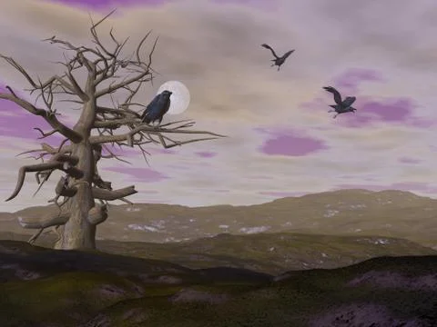 Dead tree and crows raven by night - 3D render Illustrazione stock