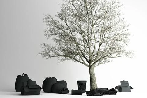 Dead tree Surrounded by a lot of rubbish and trash bags lying around dump. 3d Stock Illustration