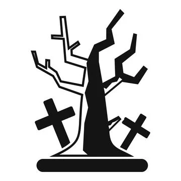Dead tree with two graves growing on cemetery black silhouette icon Stock Illustration