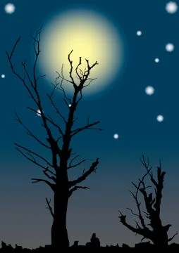 Dead trees on a background of the full moon. Stock Illustration