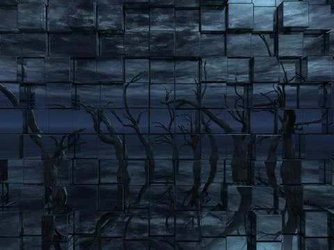 Dead trees reflection on a wall of cubes - 3d illustration Illustrazione stock