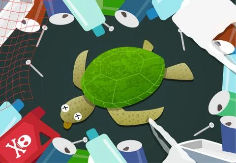 Dead turtle in pile of garbage at ocean pollution Stock Illustration