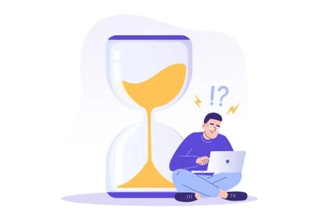 Deadline and time management concept. Young freelancer man sitting near a big Stock Illustration