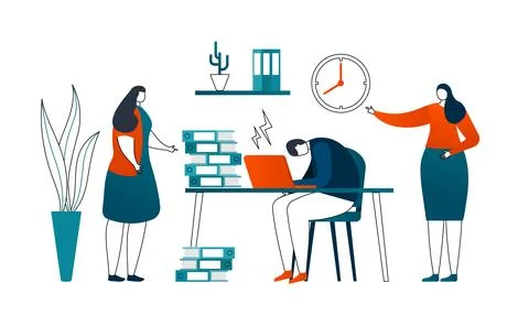Deadline in business work concept, thin lines vector illustration. Worker with Illustrazione stock