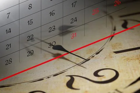 Deadline concept. Double exposure of clock and calendar Foto stock