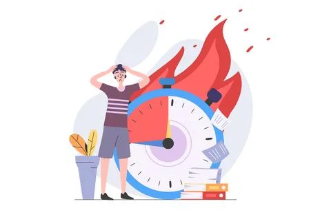 Deadline concept in modern flat design for web. Overworked employee trying hu Stock Illustration
