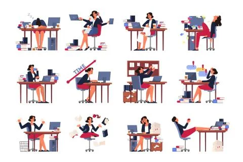 Deadline concept set. Idea of many work and few time. Employee in a hurry. Illustrazione stock