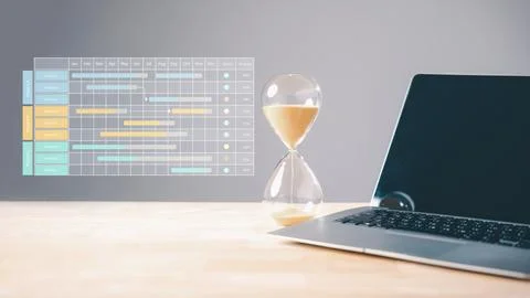 Deadline countdown, hourglass timer shows sand falling, laptop displays int.. 写真素材