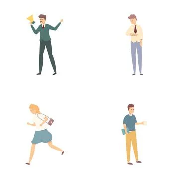 Deadline icons set cartoon vector. Office employee working overtime Stock Illustration