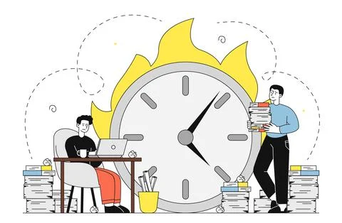 Deadline in office. Men with stacks of papers against backdrop of burning clock イラスト素材