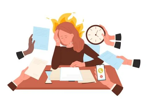 Deadline, overtime work, hands of office workers giving documents, phone, clock Illustration