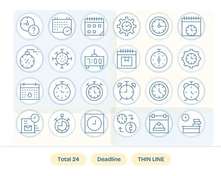 Deadline PIXEL Perfect Vector Set with 24 Retina Ready Thin Line Icons Stock Illustration