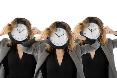 Deadline, procrastination, lack of time concept. Several identical women hold Stock Photos