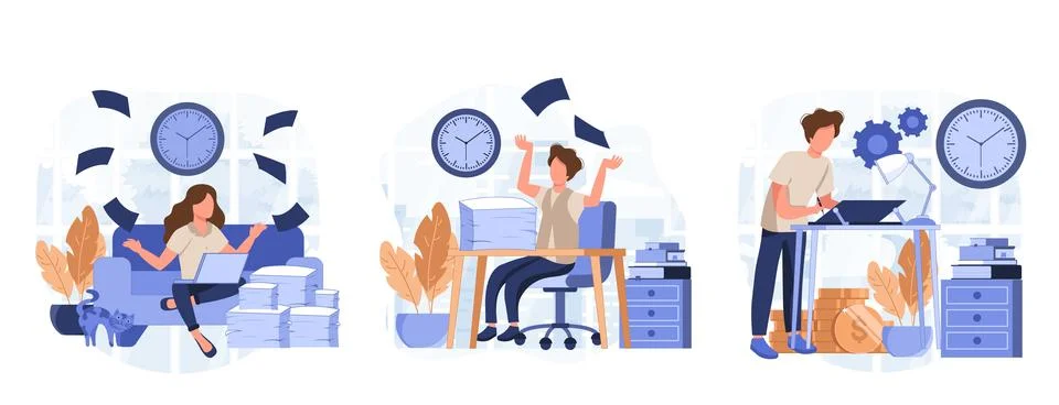 Deadline scenes bundle with people characters Stock Illustration