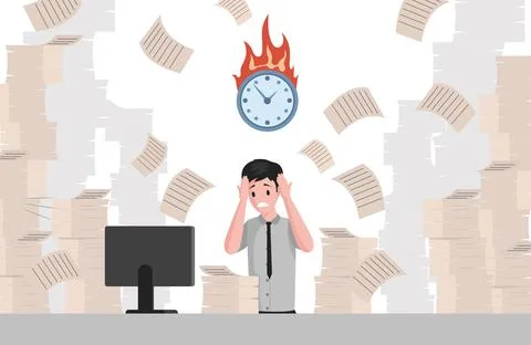 Deadline, stress at work vector flat illustration. Male manager sitting at Stock Illustration