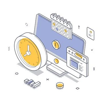 Deadline time management computer workflow concept isometric line vector illu Stock Illustration