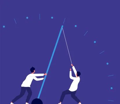 Deadline urgency. Man pulling clock arrow, hurry up. Team power effort and Stock Illustration