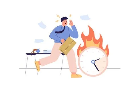 Deadline web concept with people scene. Worried businessman running and try.. Stock Illustration
