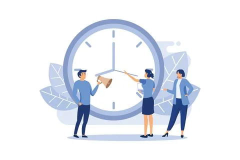 Deadline working people with big clock concept. Business woman try to stop cl Illustrazione stock