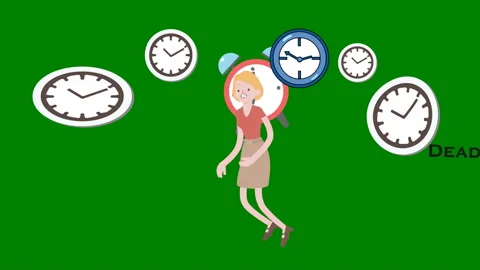 Deadlines Chasing Woman with Clocks in Background (Loop + Matte) Stock Footage 145979893