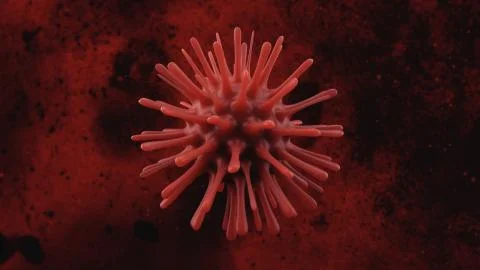 A deadly coronavirus bacterium under a microscope. Pathogen outbreak of bacte Illustrazione stock