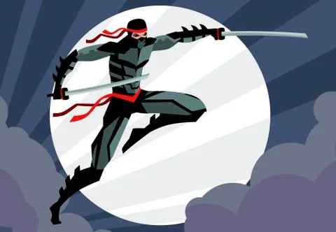 Deadly ninja jumping in the night Stock Illustration
