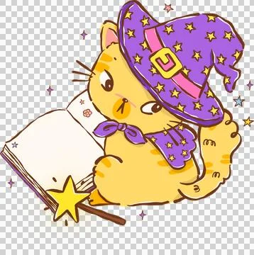 Deadpan Halloween Witch Cat Reading Magic Book with Wand Hand Drawn Illustr.. Stock Illustration
