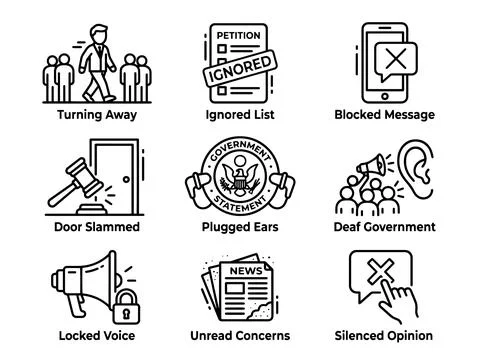 Deaf Government Icon Set with Silenced Opinion Stock Illustration