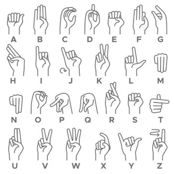 Deaf-mutes hand language. Learning alphabet, nonverbal deaf-mute communication Stock Illustration