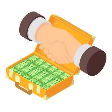 Deal concept icon isometric vector. Handshake on open money suitcase background Stock Illustration