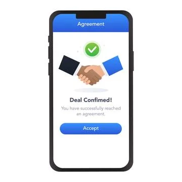 Deal confirmed mobile app screen with handshake agreement. vector illustratio Illustrazione stock