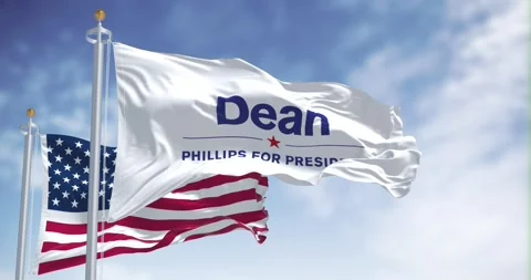 Dean Phillips election campaign flags and the American flag waving Stock Footage 264153757