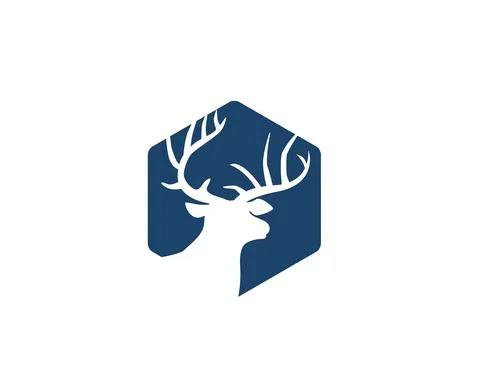 Dear head with antlers as negative space inside hexagon logo Stock Illustration